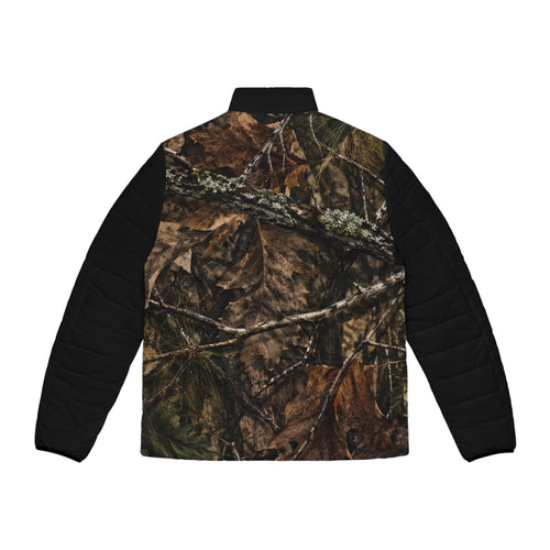 Woodland Camo “One $hot” Men's Puffer Jacket (AOP)