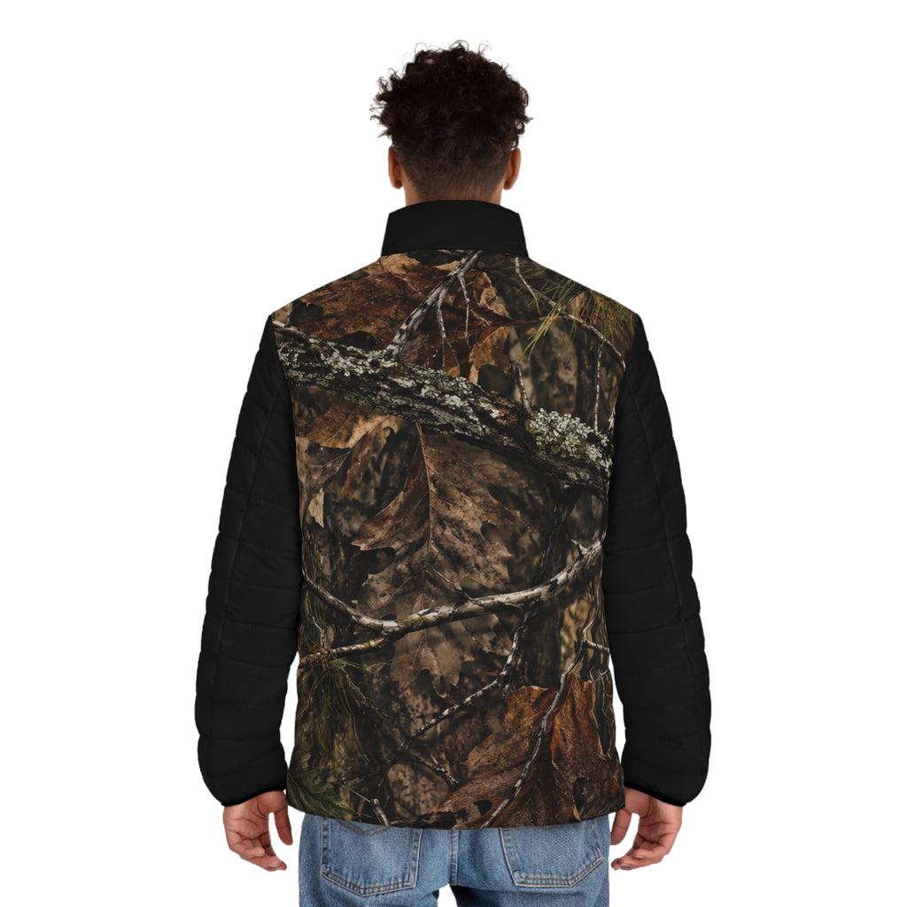 Woodland Camo “One $hot” Men's Puffer Jacket (AOP)